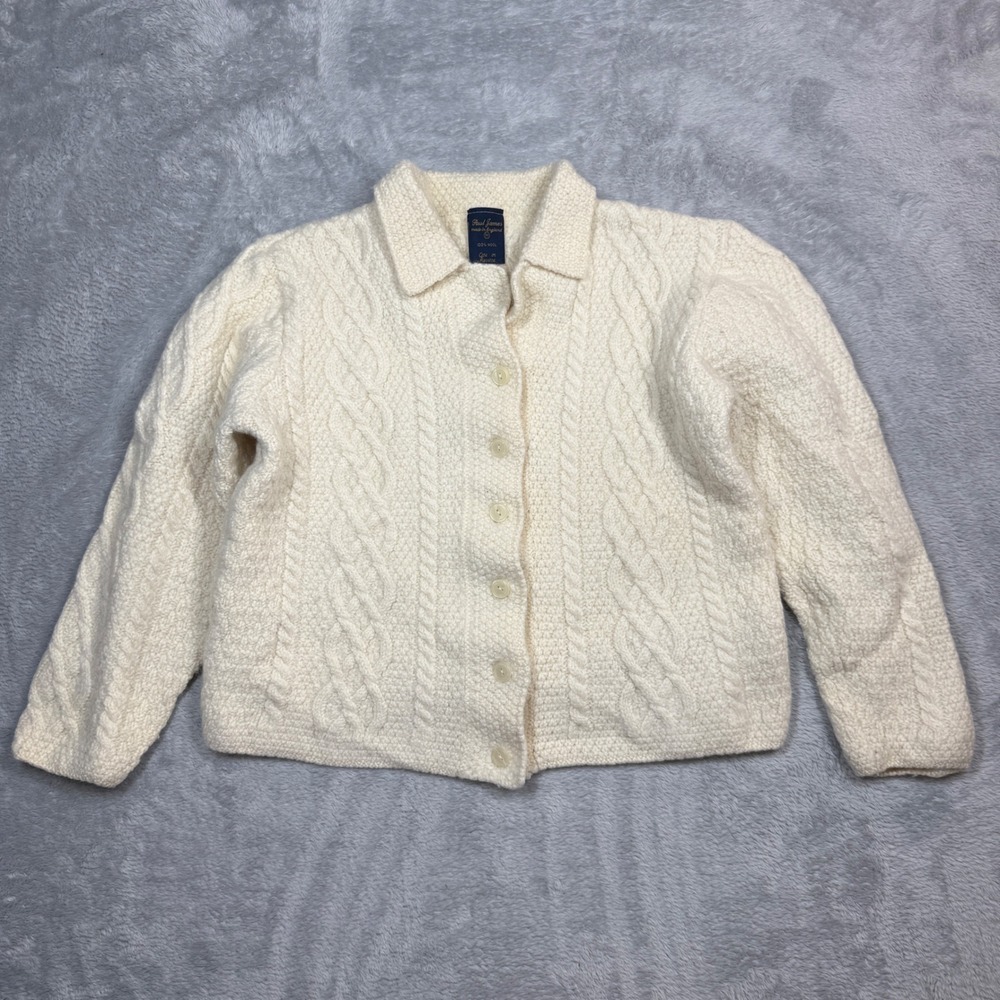 Vintage Paul James Cardigan Sweater Womens M Cream Cable Knit Wool England 90s